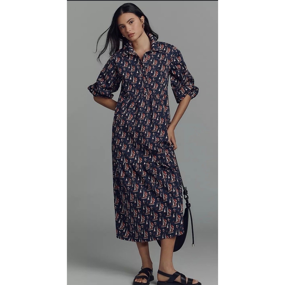 Anthropologie Maeve‎ The Bettina Tiered Midi Dress Navy Sailboat Print Size XS